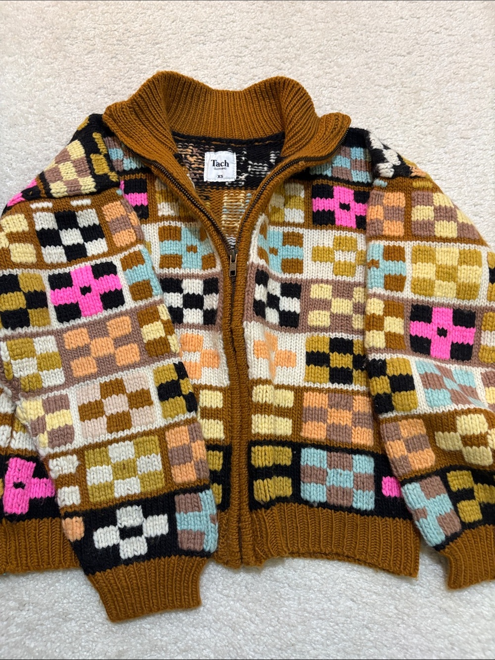 TACH Multicolor Checkered Zip-Up Sweater with Brown Trim